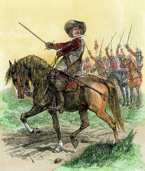 First English Civil War (1642-1645): Oliver Cromwell (1599-1658) leading the Cavalry Regiment of Parliamentarians against the Royalist Troops, to the Battle of Marston Moor (England), 1644 - Colorisee engraving