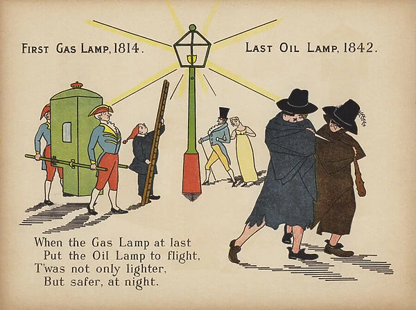 First gas lamp, 1814 - Last oil lamp, 1842 (colour litho)