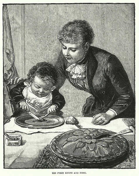 His first knife and fork (engraving)