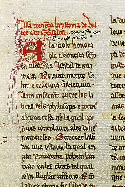 First page of 'Valter e Griselda', Petrarch's Latin epistle 'Griseldis', translation into Catalan by Bernat Metge (1343-1413), with a dedication to Isabel de Guimera (manuscript)