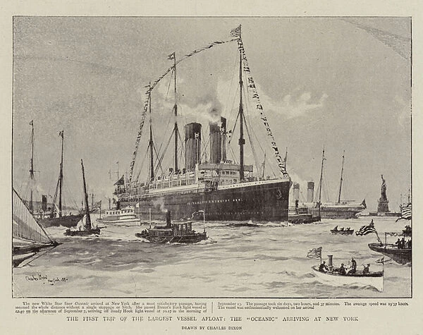 The First Trip of the Largest Vessel Afloat, the 'Oceanic'arriving at New York (litho)