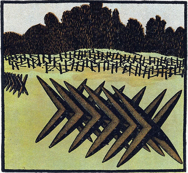 First World War 1914-1918 (14-18): X-shaped frieze horses to form the trench. Engraving in ' Alphabet of the Great War 1914-1916 (for the children of our soldiers)'. Editions Berger-Levrault, 1918. Texts and drawings by Andre Helle (1871-1945)
