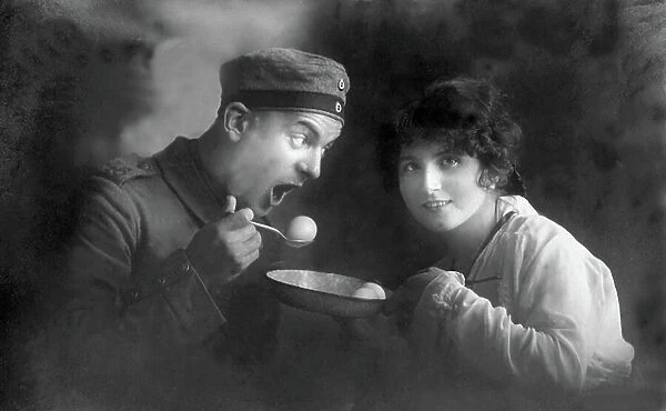 First World War (1914-1918): soldier eating an egg