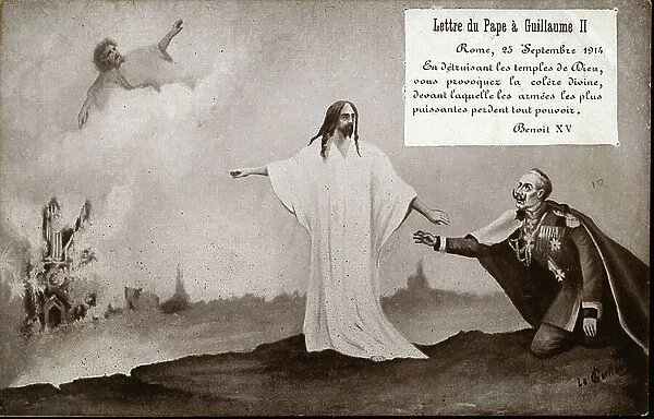 First World War: France, Carte representing William II condemns by the Church and Christ for burning the Cathedrale of Reims, 1914