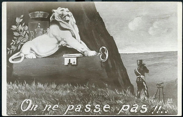 First World War: France, Drawing showing the Lion symbol of the city of Belfort keeping the territory, 1916, On ne passe