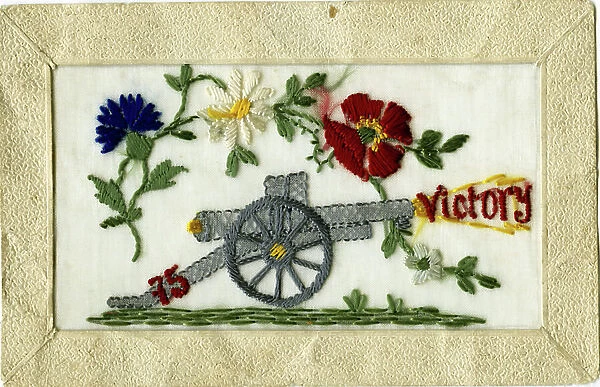 First World War: France, Embroidery work done in the trenches representing 75 canons made in the trenches and titled victory, 1914