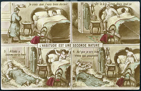 First World War: France, Humorous map showing a hairy on permission preferring to sleep on a straw than on a bed and titled: 'The habit is a second nature', 1916