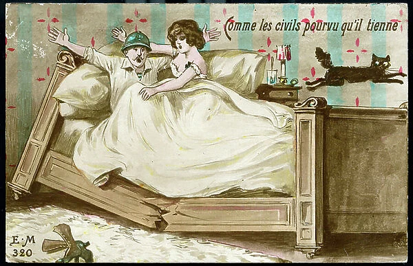 First World War: France, Humorous map showing a bed that breaks under the assaults of the Permissionary with this title ' as civilians provided it holds', 1917