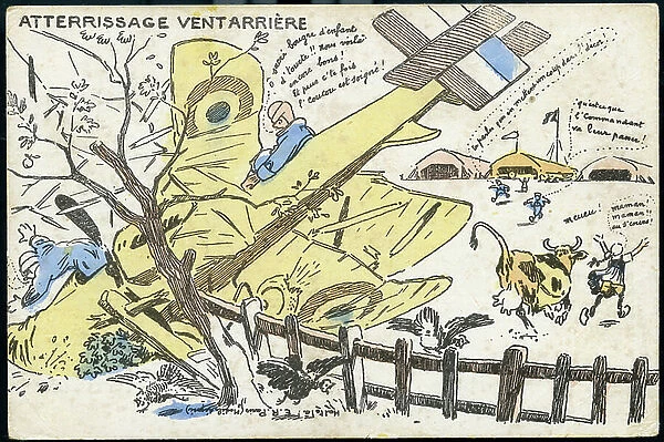 First World War: France, Humorous propaganda postcard showing the force landings, 1917