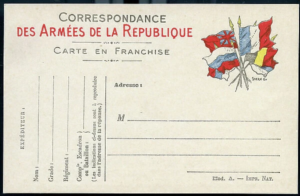 First World War: France, Military Correspondence Postcard with 6 flags emblem, 1914