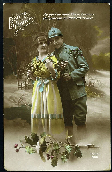 First World War: France, Patriotic Greeting Card showing a soldier with Guy in hand announcing to his fiance an upcoming victory and his happy return, 1917