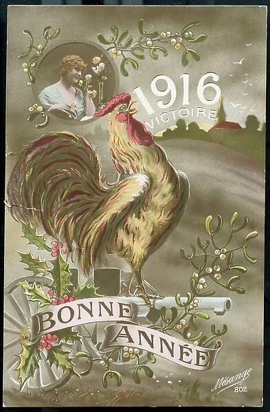 First World War: France, Patriotic Map representing the Gallic rooster standing on a cannon 75 celebrating victory for 1916, titled: 1916 Victor, 1916
