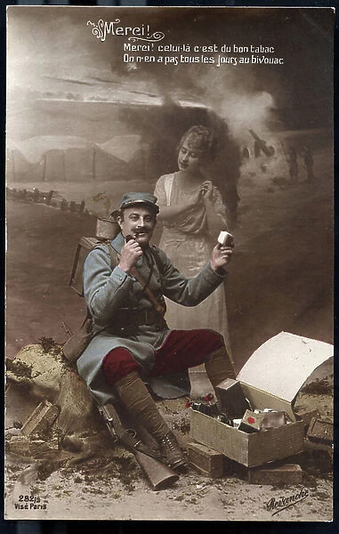 First World War: France, Patriotic Map showing in a bucolic trench a hairy with his pipe opening a gift package containing drink and chocolate, titled Thank you, 1915