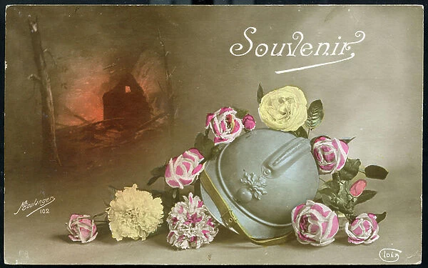 First World War: France, Patriotic Map showing a helmet of the French army surrounded by flowers in front of a burning house landscape, titled Souvenir, 1915