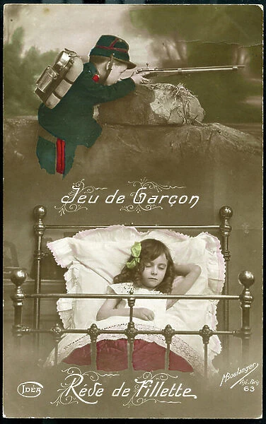 First World War: France, Patriotic Map showing a little boy dresses as a soldier and looking behind a rock the enemy with his rifle, above a little girl sleeping in his bed, 1916, 'Boy's Game, Girl's dream'