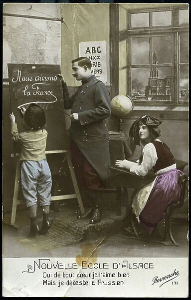 First World War: France, Patriotic Map showing a French soldier teacher of a school in Alsace with an inscription on the painting: we love France, 1915