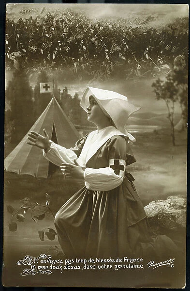 First World War: France, Patriotic Map showing a good nurse praying to God beset her tent for the victory of France, titled: For France, for the homeland, for God, 1915