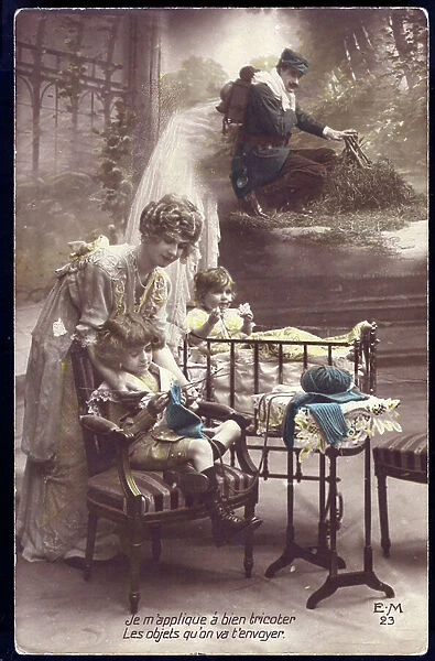 First World War: France, Patriotic Map showing a woman knitting her little daughter a sweater for her father soldier at the forehead during a vigorous winter and saying: I am trying to knit the objects that we will send you, 1916