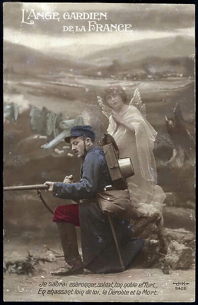 First World War: France, Patriotic Map showing a soldier at the front advised by his guardian angel, 1915, Intulee map: the guardian angel of France