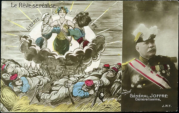 First World War: France, Patriotic Map showing a photograph of General Joffre next to a drawing representing the French republic collecting Alsace and Lorraine, titled: The dream is realising, 1915