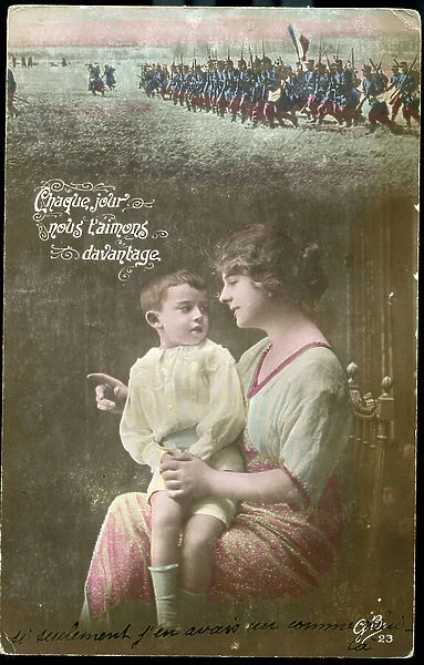 First World War: France, Postcard, photo showing a woman and her child thinking of her husband, 1915