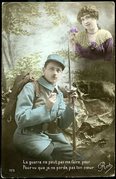 First World War: France, Postcard showing a soldier at the front in an idyllic decor thinking of his fiance, 1918