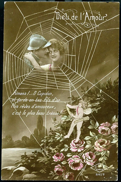 First World War: France, Postcard showing a soldier with his fiance in a web of araignee entitled 'God of love', 1918