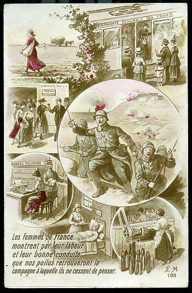 First World War: France, Postcard showing women at work in all the jobs left by men, 1917, the women of France show by their work and good conduct that our hairy men will find the companion they never cease to think about