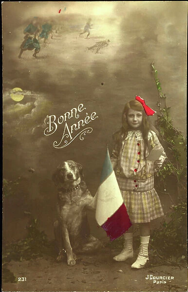 First World War: Patriotic map showing a little girl and her dog holding a tricolour flag on the occasion of wishes and titled Happy Year, 1917