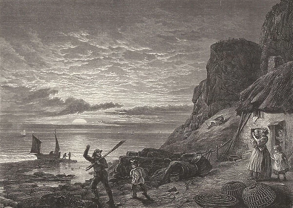 Fishermen father and son saying goodbye to their family (engraving)
