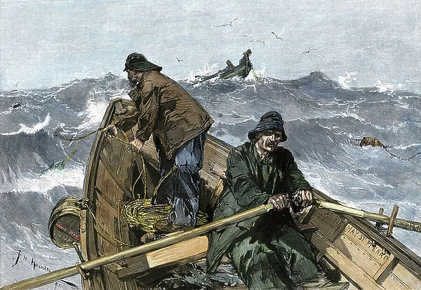 Fishermen of Newfoundland and Labrador (Newfoundland and Labrador). Fishermen in a dory on the Grand Banks off Newfoundland, 1880s