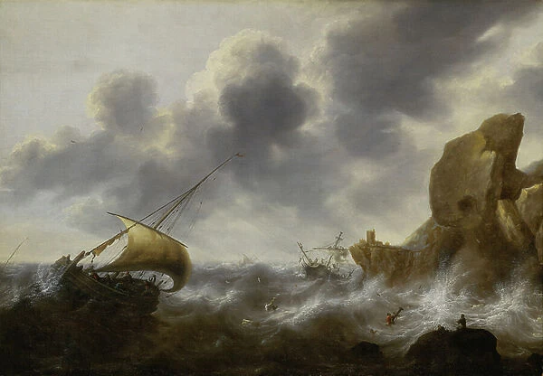 A Fishing Boat off a Rocky Coast in a Storm with a Wreck, c.1664-65 (oil on panel)