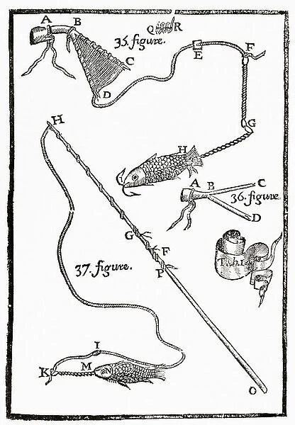 Fishing rods and bait, after an illustration in Les Ruses Innocentes, published 1660. From The Connoisseur Magazine, published 1902