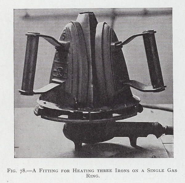 A fitting for heating three irons on a single gas ring (b / w photo)