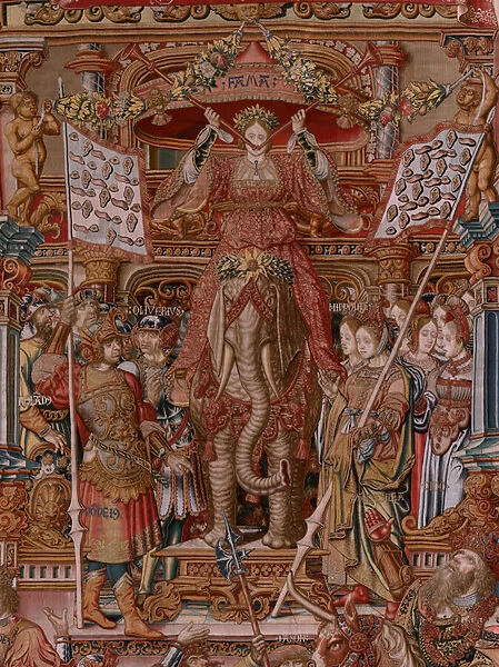 Flemish tapestry. Series The Honours. Fame (La Fama). Third tapestry in the series. Model Cartoonists from the circle of Bernard van Orley and Jan Gossaert (Mabuse). Manufacture Pieter van Aelst, Brussels. Ca 1550. Fabric Gold, silver, silk and wool