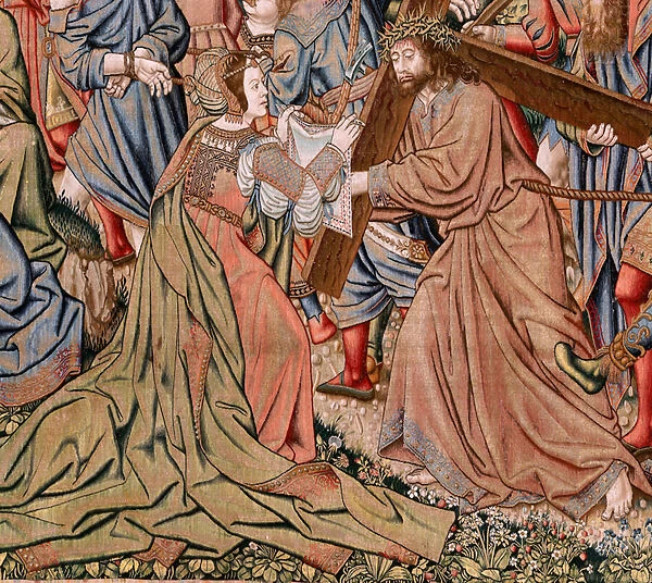 Flemish tapestry. Series The Passion of Christ; The way to Calvary and encounter with Veronica (Camino del Calvario y encuentro con la Veronica). First tapestry of those kept by National Heritage