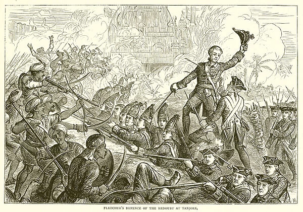 Fletchers defense of the redoubt at Tanjore (1771) (engraving)