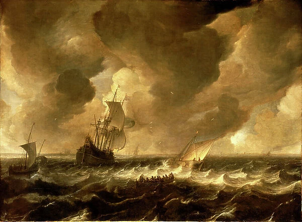 A flute and other vessels off the Dutch coast, mid 17th century (oil painting)