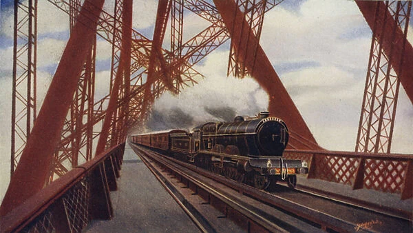 The Flying Scotchman crossing the Forth Bridge, North British Railway (colour litho)