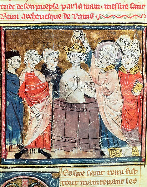 Fol. 11r St. Remigius, Bishop of Rheims (c. 438-533) baptising and annointing Clovis I