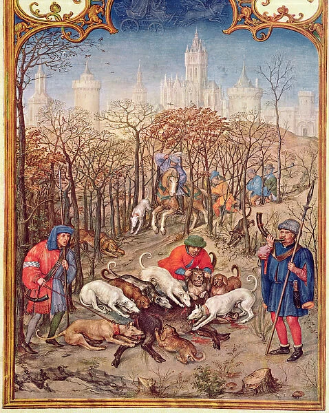 Fol. 12v The Month of December: Hunting Wild Boar, from the Breviarium Grimani