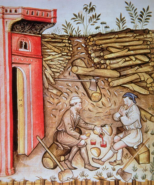 Fol. 64r Eating Bread and Drinking Wine, illustration from Tacuinum Santiatis Codex Vindobonensis (vellum)