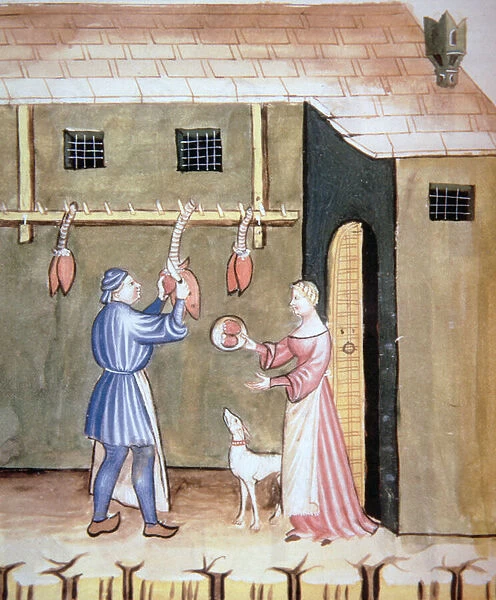 Fol. 78v The Butcher s: Selling Animal Hearts, from Tacuinum Sanitatis Codex Vindobonensis (vellum)
