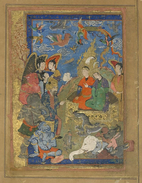 Folio from an unidentified text; Sulayman and Bilqis Enthroned, Isfahan, Iran
