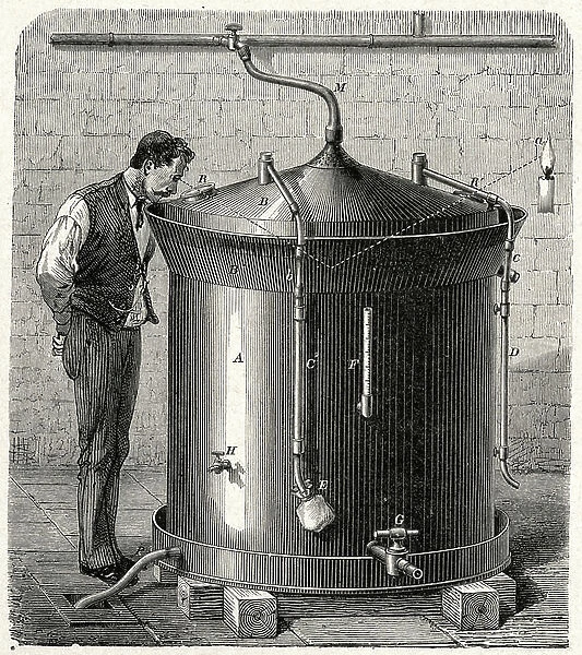 Food and Beverage. Brewery. Installation of Louis Pasteur for the beer fermentation. Engraving in: Grands hommes et grands faits de l'industrie, France, c.1880 (engraving)
