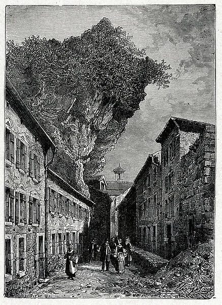 Food and Beverage. Cellar's street in Roquefort, city of the Blue Cheese. Engraving in: Grands hommes et grands faits de l'industrie, France, c.1880 (engraving)
