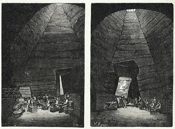 Food and Beverage. Champagne making: Old chalk quarries tranformed in Champagne cellars around Reims. Engraving in: Grands hommes et grands faits de l'industrie, France, c.1880 (engraving)