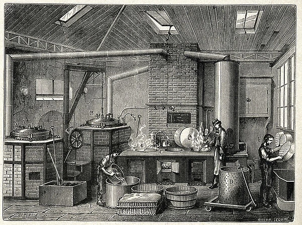 Food and Beverage. A can factory. the cooking laboratory. Engraving in: Grands hommes et grands faits de l'industrie, France, c.1880 (engraving)