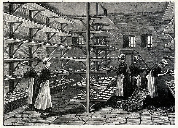 Food and Beverage. Storage (improvement) of the Camembert cheese. Engraving in: Grands hommes et grands faits de l'industrie, France, c.1880 (engraving)