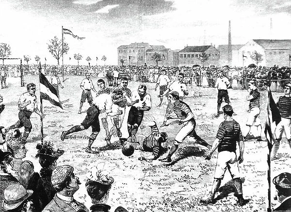Football game between Dresde and Berlin teams in 1892 in Berlin, illustration